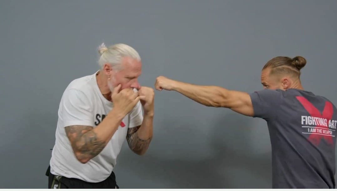 Two training partners practice a straight punch and a defensive movement.