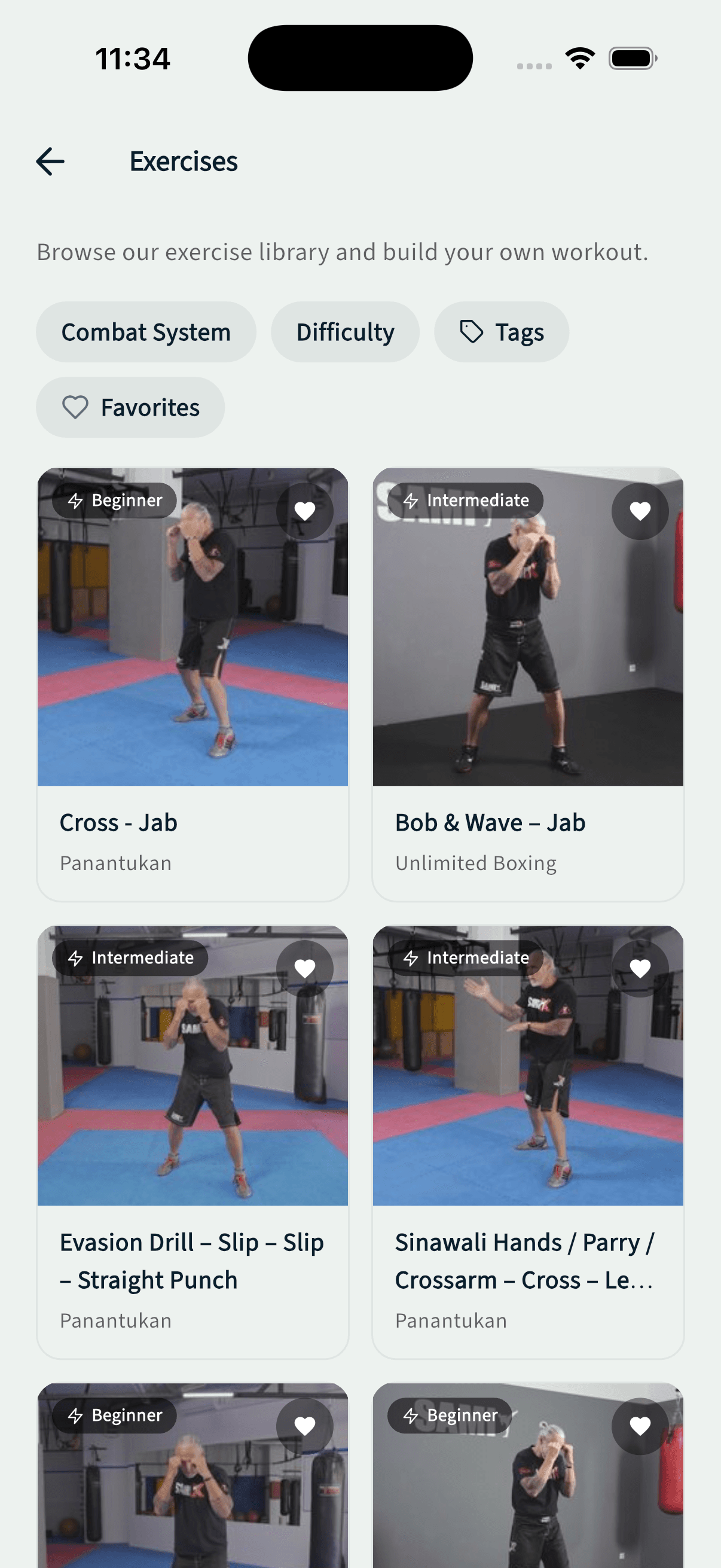 Exercise library in the SAMI-X app, filtered by Combat System, difficulty and tags