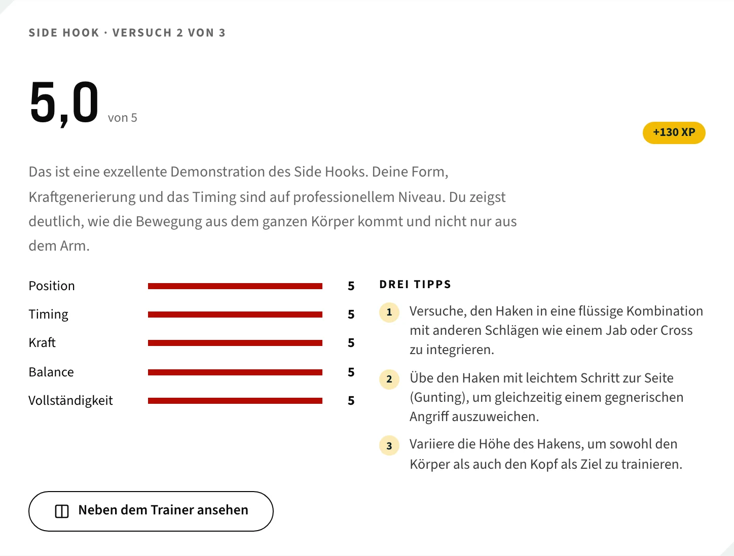 AI feedback for the Side Hook: score 5.0 out of 5, all five criteria at 5, three tips