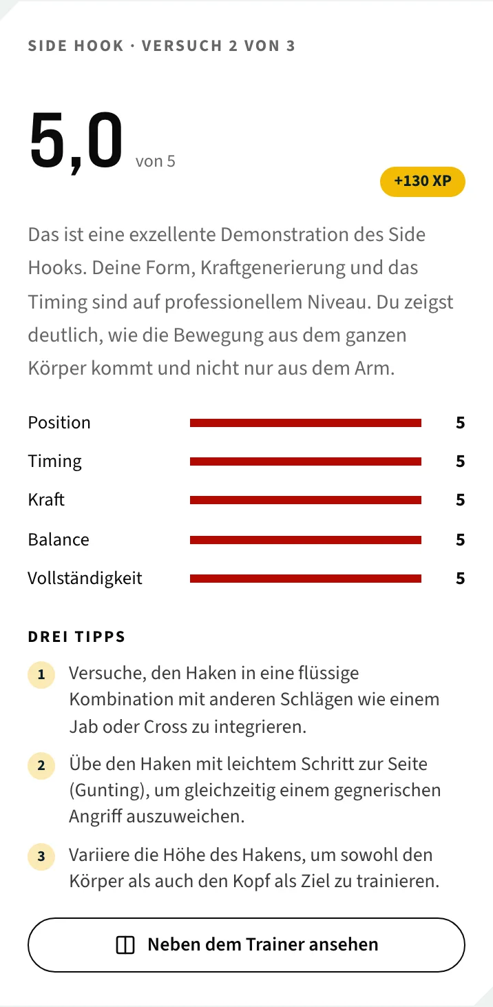 AI feedback for the Side Hook: score 5.0 out of 5, all five criteria at 5, three tips