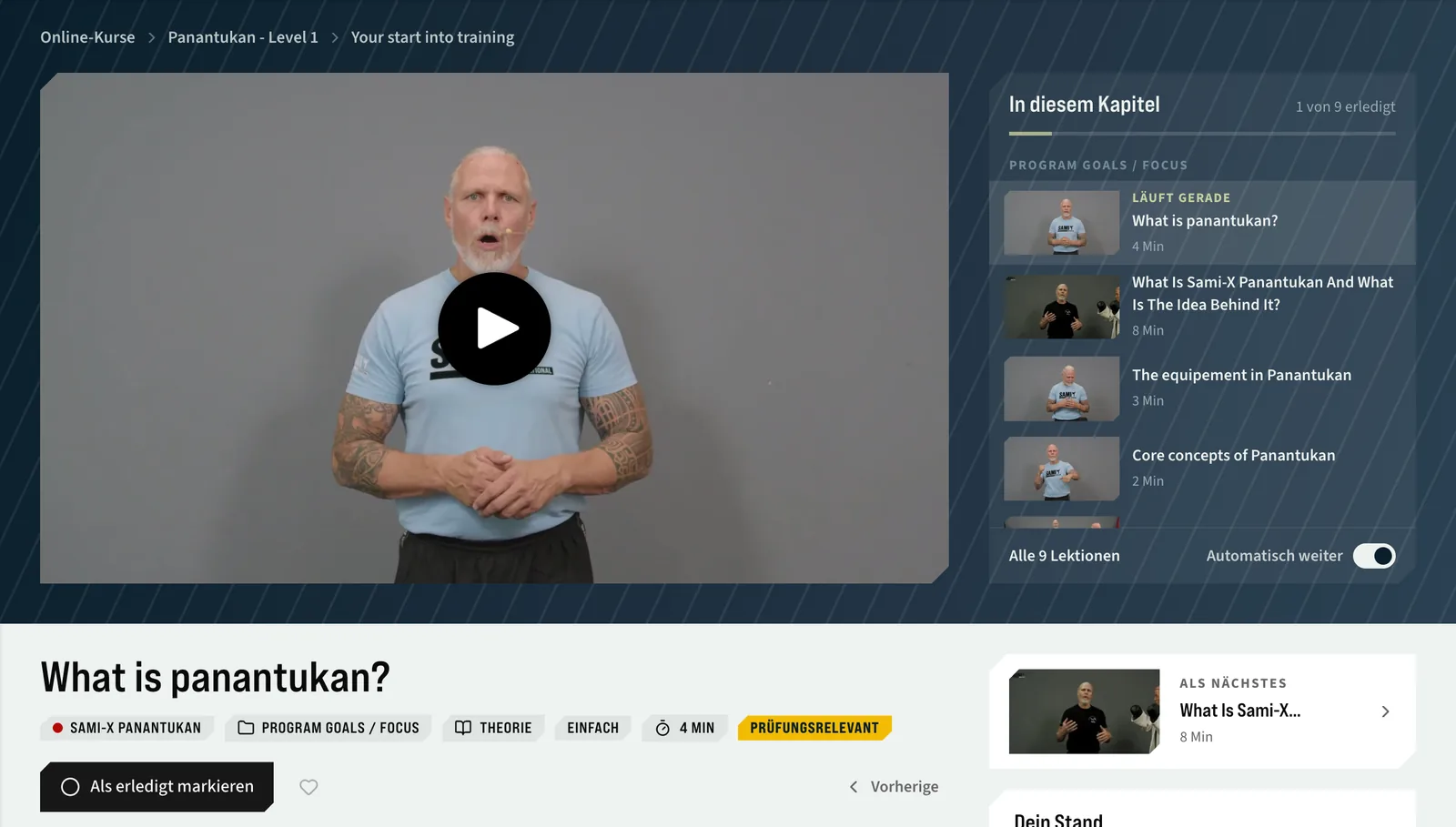 Lesson in the Panantukan Level 1 online course in the SAMI-X web app: video and chapter list with the lessons